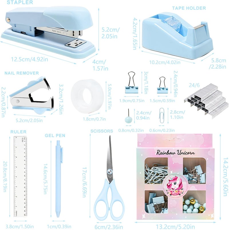 COMFYROOM Desk Accessories with Pen Holder, Office Supplies Desk Organizers and Accessories, Tape Dispenser, Stapler, Staple Remover, Staples, Clips Set, Ruler, Scissor, Pen, Tape (Blue) - Image 4